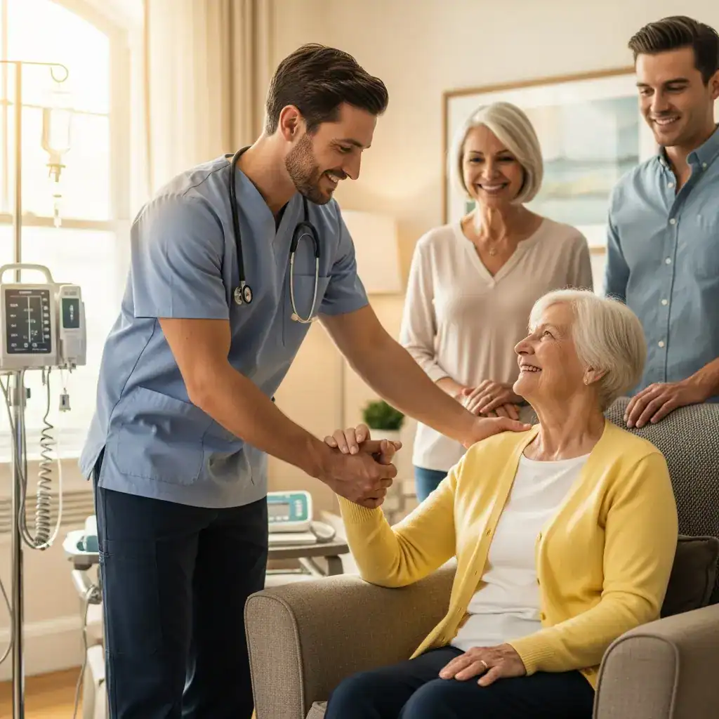 High quality male nurse from Spandhana Public Trust cares for elderly patient at home in Bangalore—premium, trusted nursing service.