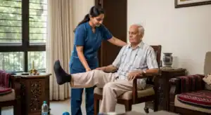 Physiotherapist working with elderly patient doing gentle exercises at home