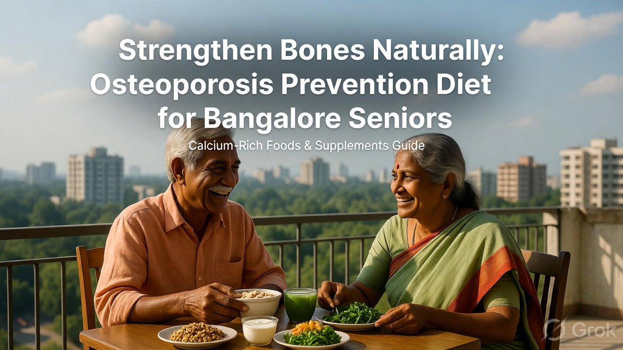 Elderly couple in Bangalore eating calcium-rich foods for bone health and osteoporosis prevention diet with vitamin D supplements tips.